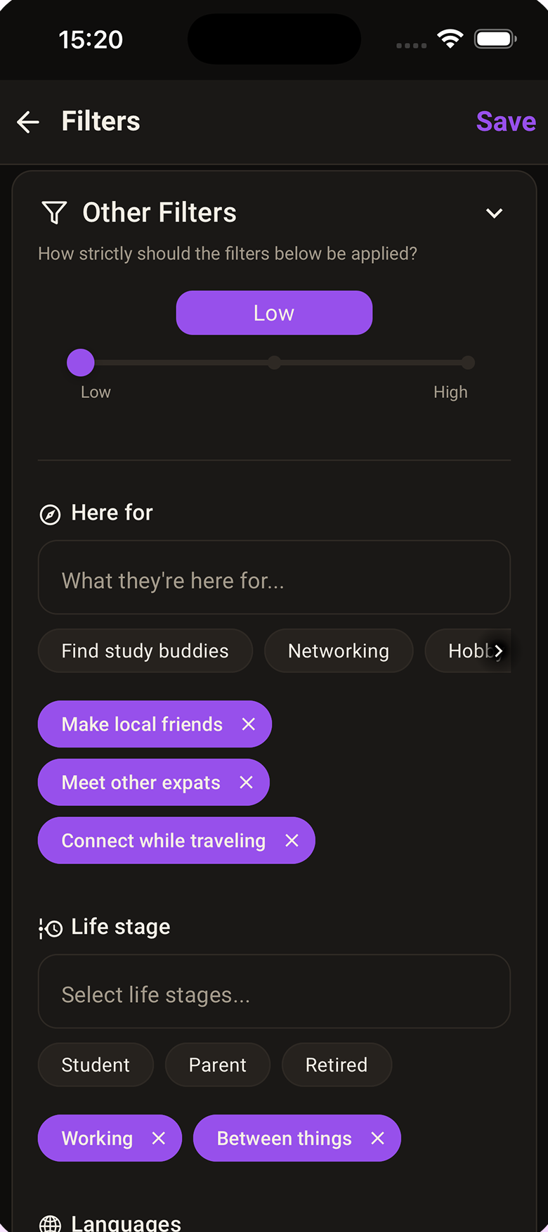 Filters screen — your filters, applied as strictly as you choose